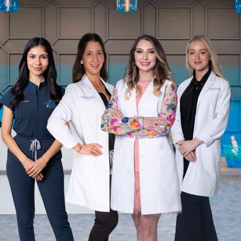 group photo of four providers at Delray Dermatology + Cosmetic Center with Dr. Francesca Lewis, MD, FAAD